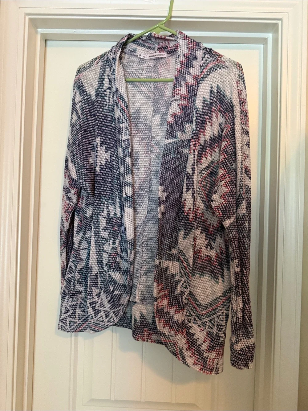 Maurices Open-Front Geometric Cardigan - Navy, White & Pink